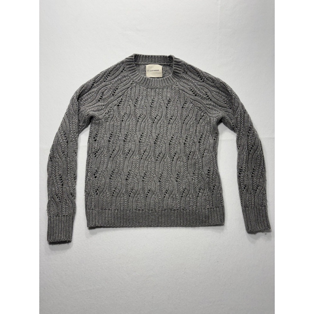 Lucky Brand Sweater Womens Small Gray Open Knit Crew Neck Raglan Glitter Alpaca
